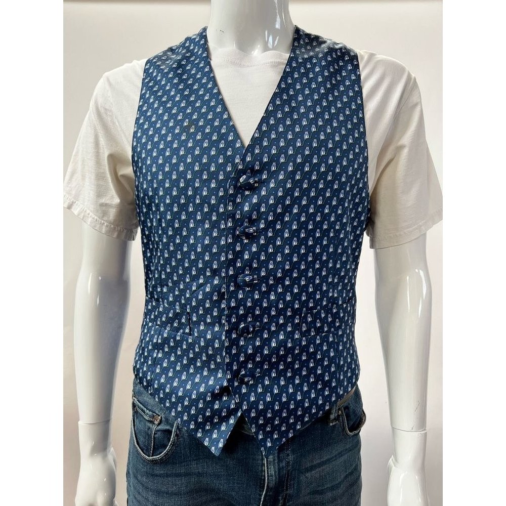 Hermes Mens Suit Vest Blue White 100% Silk Owls Novelty France US 38 Eur 48